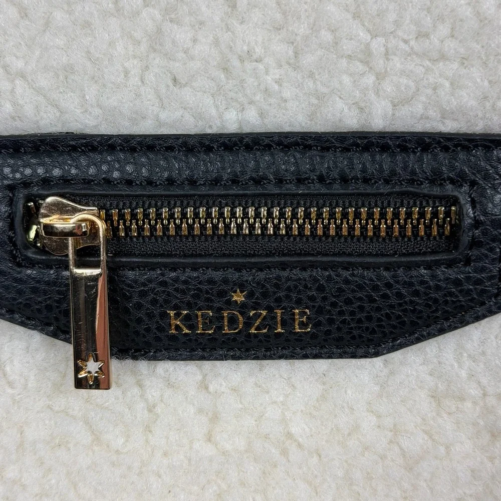 Kedzie Sherpa‎ Trim Crossbody Bag Black Faux Leather Gold Tone Zipper
